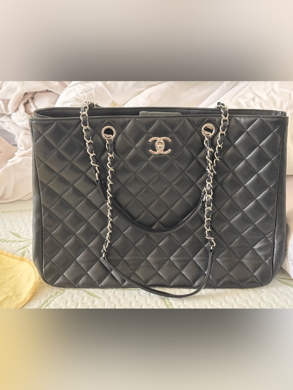 Chanel Black Quilted Tote with Silver Chain